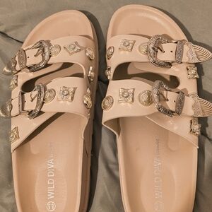 Wild Diva Beige Sandals with Gold Embellishments